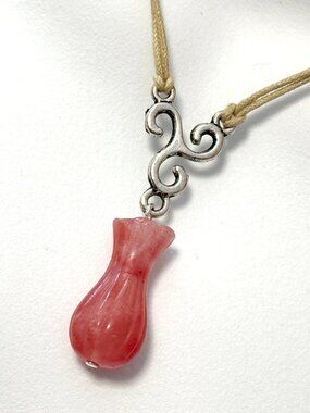 2/$20, Large Cherry Quartz Flower Bud Beige Cord Necklace